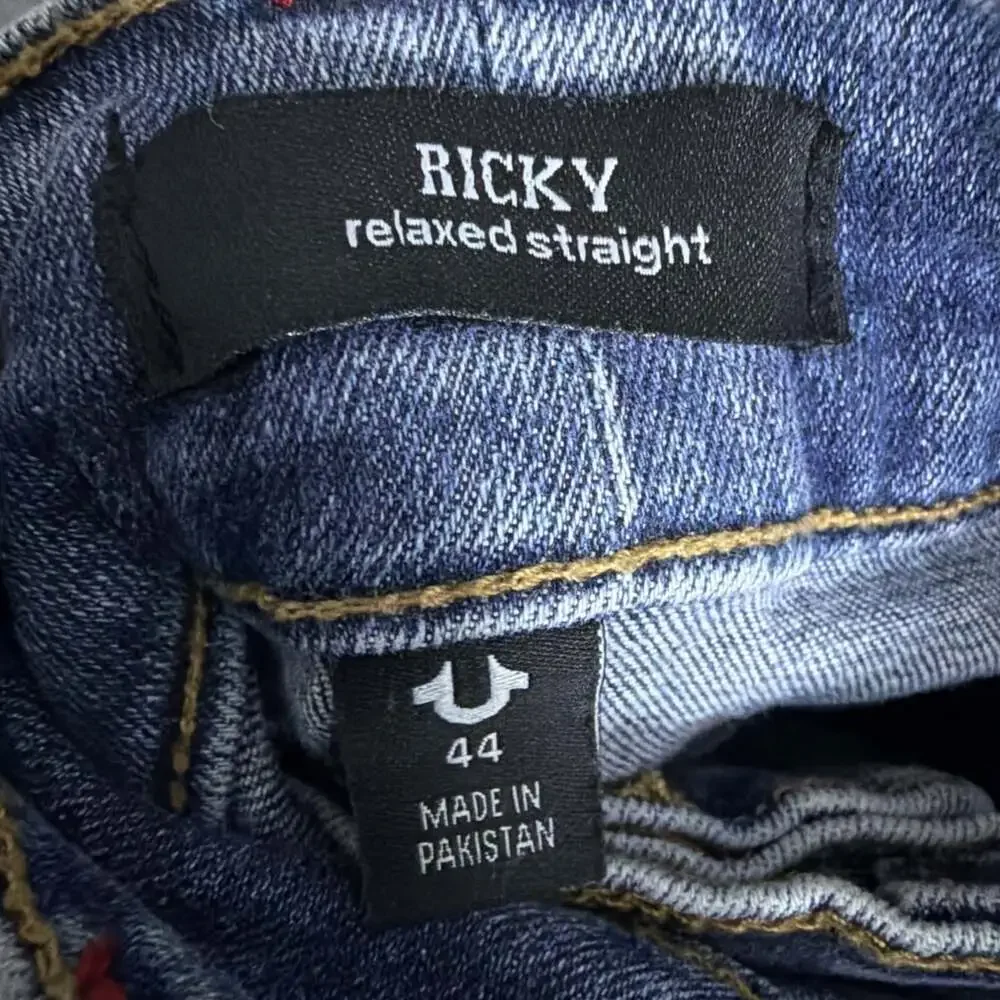 True Religion Men's 44 Blue Denim Ricky Relaxed Straight Leg Flap Pocket Jeans